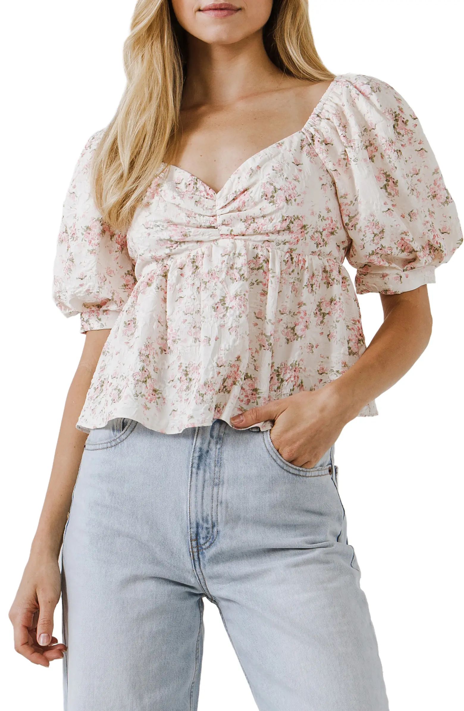 English Factory Floral Textured Babydoll Top | Nordstrom | Nordstrom