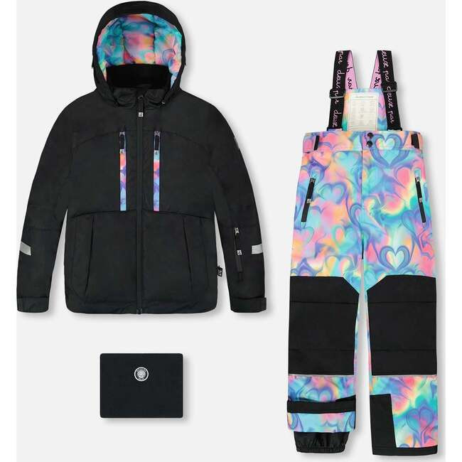 Deux par | Two-Piece Teknik Snowsuit, Rainbow Heart Print (Blue, Size 5Y) | Maisonette | Maisonette