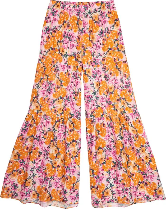 Something Navy Floral Print Tiered Wide Leg Linen Blend Pants | Nordstrom | Nordstrom
