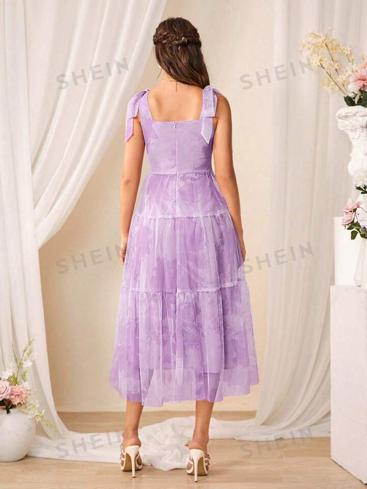 SHEIN Belle Ladies' Dip Dye Shoulder Knot Patchwork Mesh Tulle Ruffle Hem Dress | SHEIN USA | SHEIN