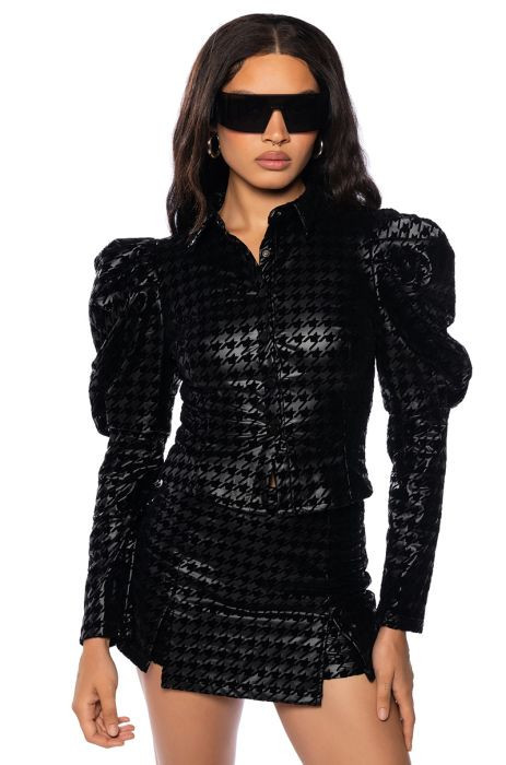 BETTER OFF ALONE STRETCH PU HOUNDSTOOTH BUTTON DOWN BLOUSE | AKIRA
