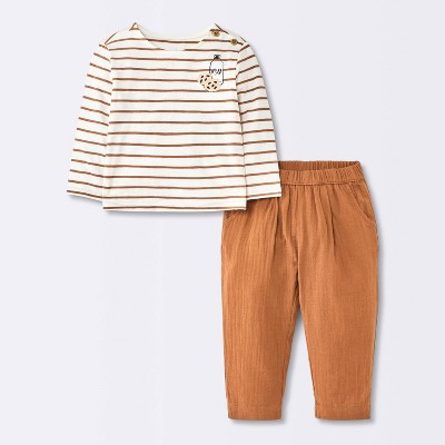 Baby Striped Milk N' Cookies Long Sleeve and Pants Set - Cloud Island™ Brown 12M | Target