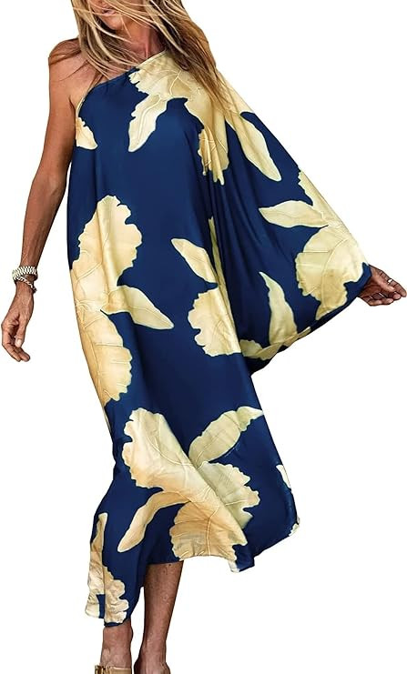 AGFEE Womens Beach Coverup Dress Floral Print One Shoulder Kaftan Swimwear Maxi Dresses | Amazon (US)
