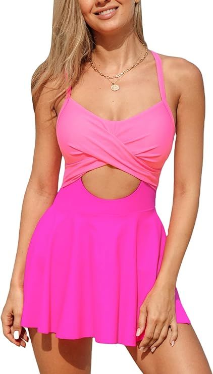 CUPSHE Women's One Piece Swimdress Skirt Swimsuit Cutout Tummy Control Wrap Crisscross Back Tie C... | Amazon (US)