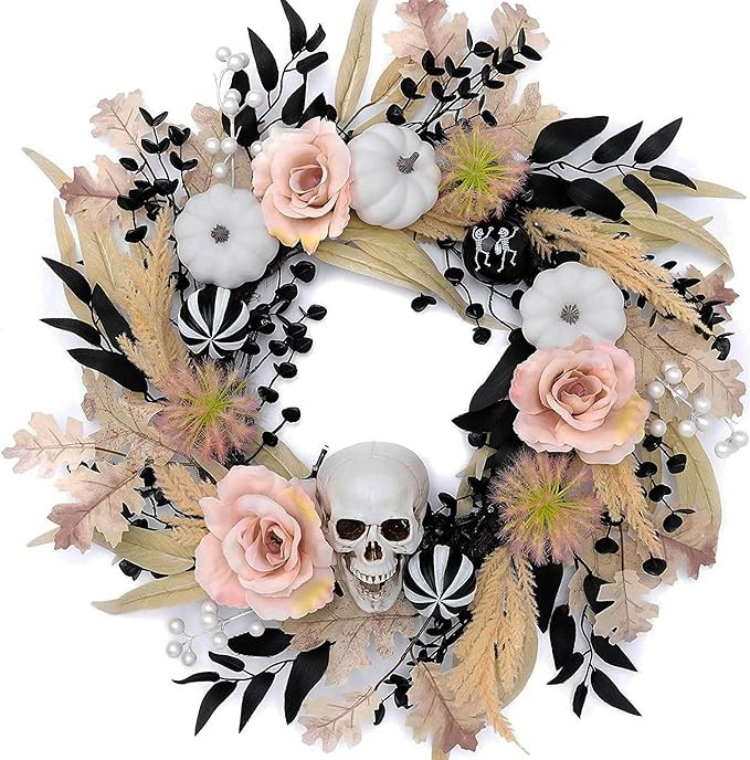 Valery Madelyn 24 Inch Collapsible Halloween Wreath for Front Door with Lights, Pre-Lit Fall Whit... | Amazon (US)
