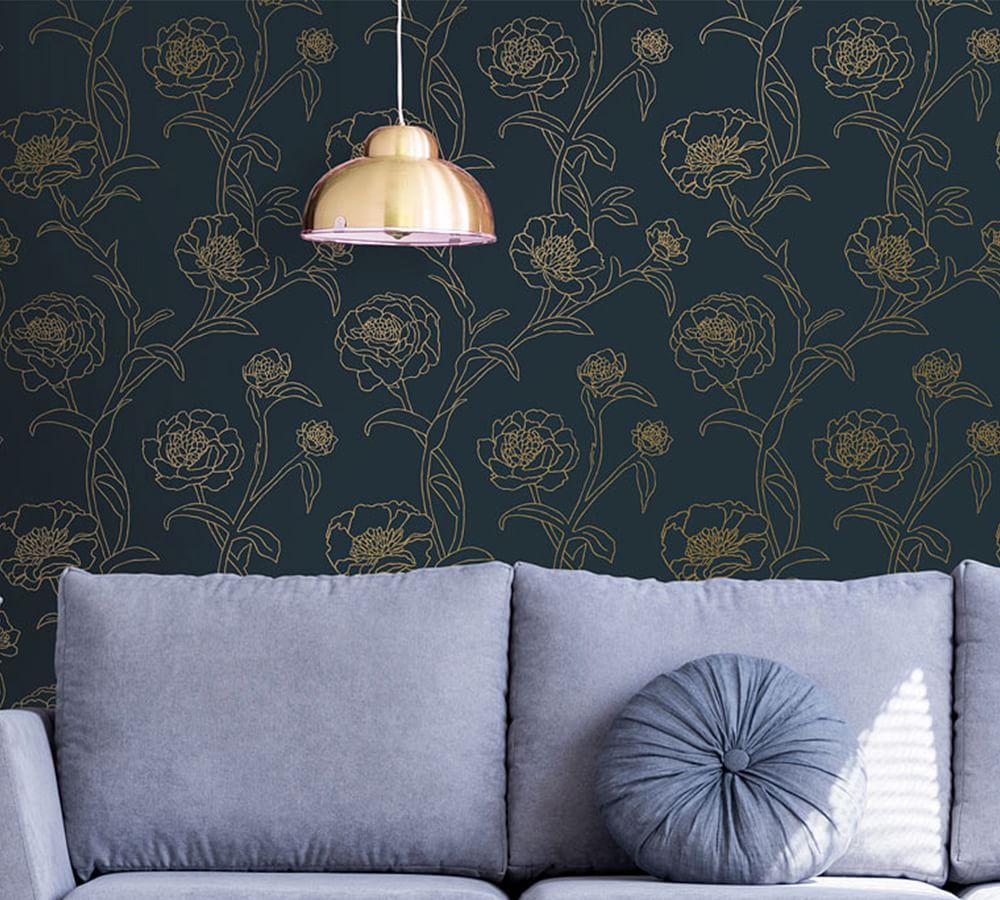 Peonies Peacock Blue/Gold Removable Wallpaper | Pottery Barn (US)