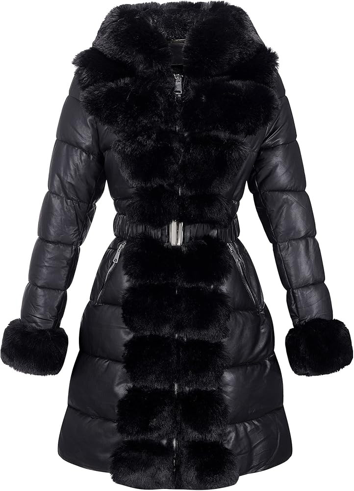 RISISSIDA Women Winter Fur Lined Coat,Puffer Jacket with Long Fur Trim Hooded,Warm Leather Bubble... | Amazon (US)