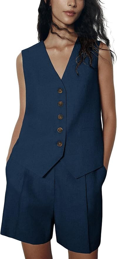 Athlisan Womens Two Piece Outfits Casual Bussiness Vest Sleeveless V Neck Button Front Waistcoat ... | Amazon (US)
