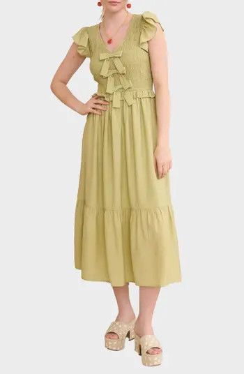 Bow Cap Sleeve Smocked Fit & Flare Midi Dress | Nordstrom Rack