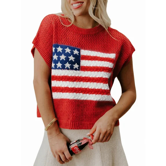 CURBODO Womens American Flag Graphic Pullover Sweater Crochet Knit Tops Summer Cap Sleeve Crew Ne... | Walmart (US)
