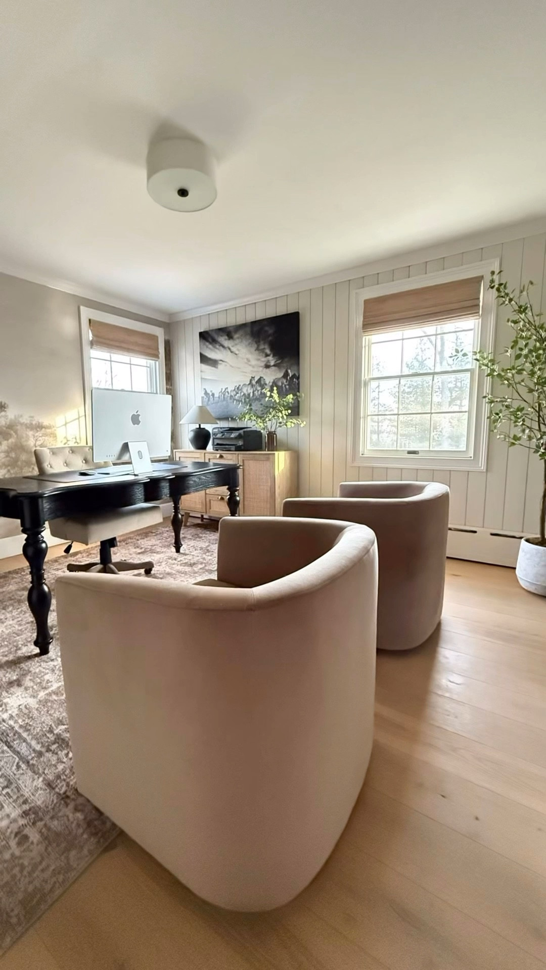 Natural woven window shades. Neutral
home office decor. Shades shown in beige NC-039 with privacy liner. 

Also shown: swivel chairs, iMac computer, desk, office chair, area rug, potted faux tree.   


#LTKWorkwear #LTKSaleAlert #LTKHome