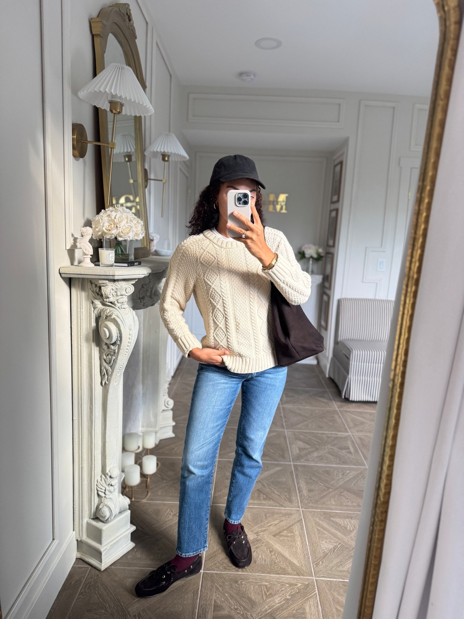 Casual fall outfit: slim jeans, burgundy socks, chocolate brown suede boat shoes, cable knit sweater, suede bag, baseball cap 

#LTKStyleTip #LTKFindsUnder100 #LTKSeasonal
