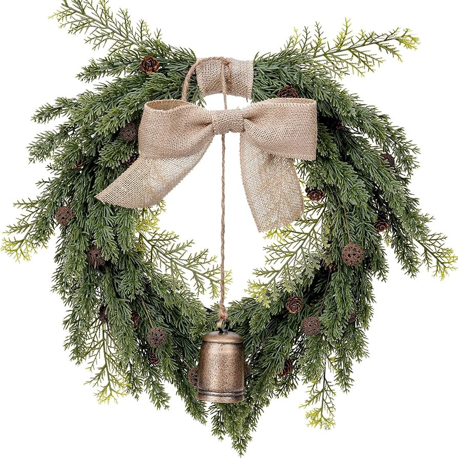 Vintage Norfolk Pine Christmas Wreath - 21 Inch Artificial Greenery Faux Cedar Wreaths with Bells... | Amazon (US)