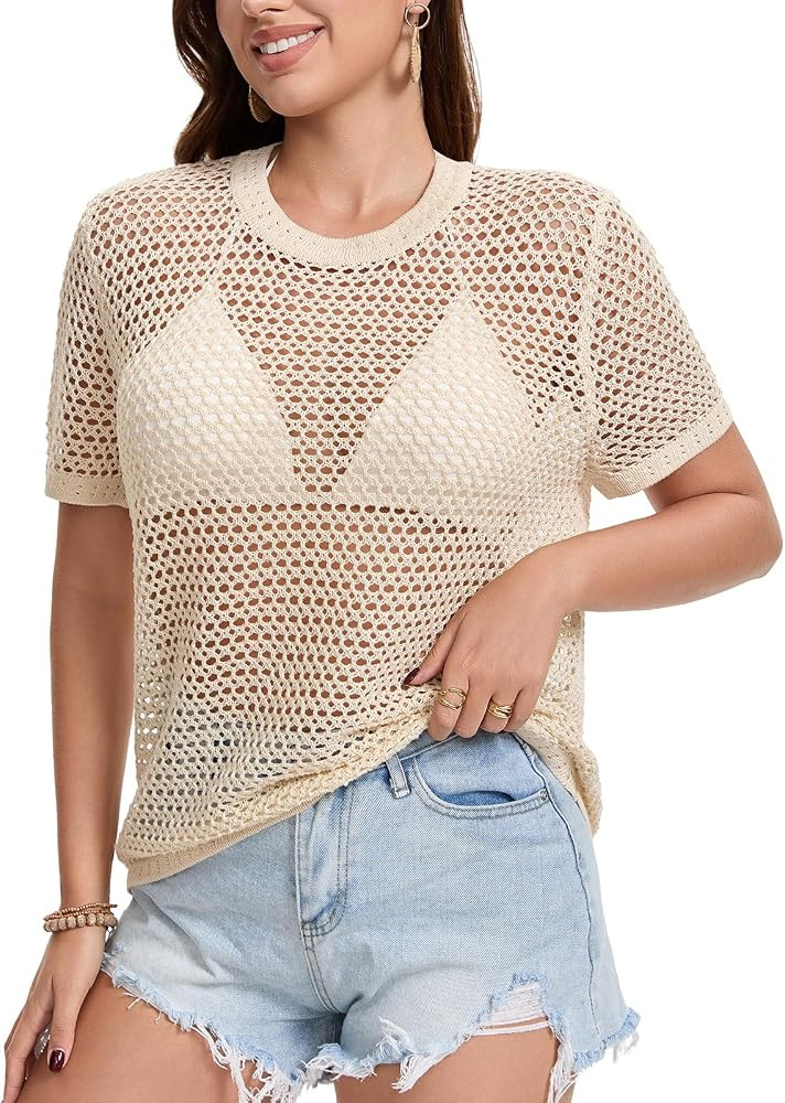 Women Crochet Top Sweater \u2013 Loose Knit Crew Neck Pullover Lightweight Short Sleeve Beach Cov... | Amazon (US)