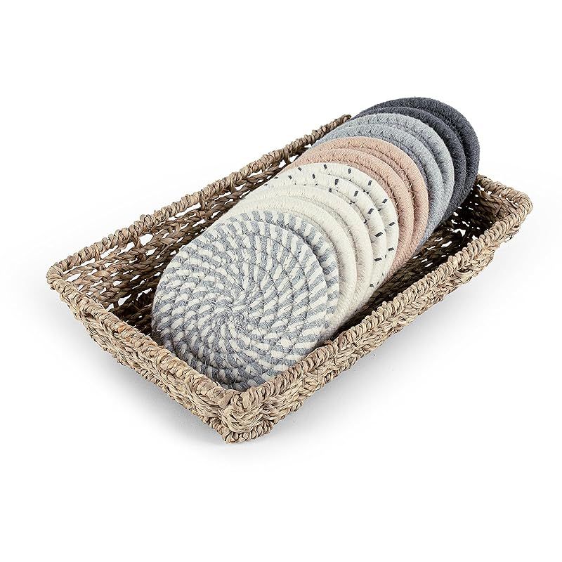 Boho Coasters for Drinks with Seagrass Basket Holder Set,12 Pcs Handmade Woven Absorbent Insulati... | Amazon (US)