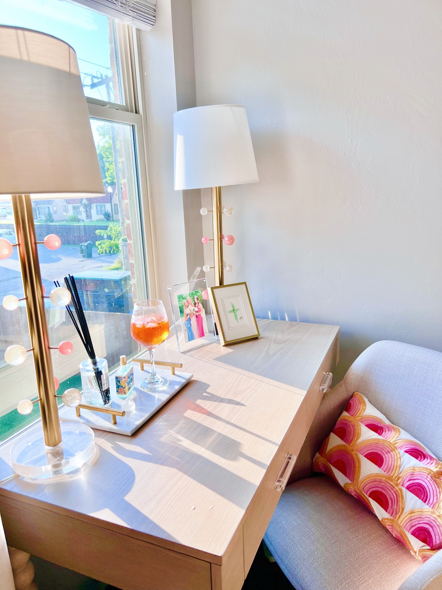 college desk inspo💌
- desk : cura home 
- chair : world market 
- pillow : trina turk 
- lamps: shoppe sasha tulsa, ok
- acrylic frame: home goods
- marble tray: at home
- perfume: anthropologie
- diffuser: voluspa

#LTKxAnthro #LTKstyletip #LTKhome