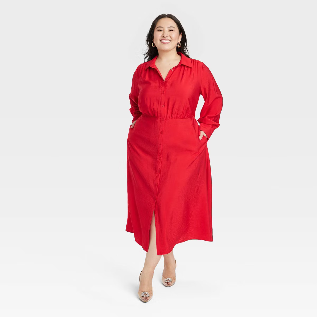 Women's Long Sleeve Collared Midi Crepe Shirtdress - A New Day™ | Target