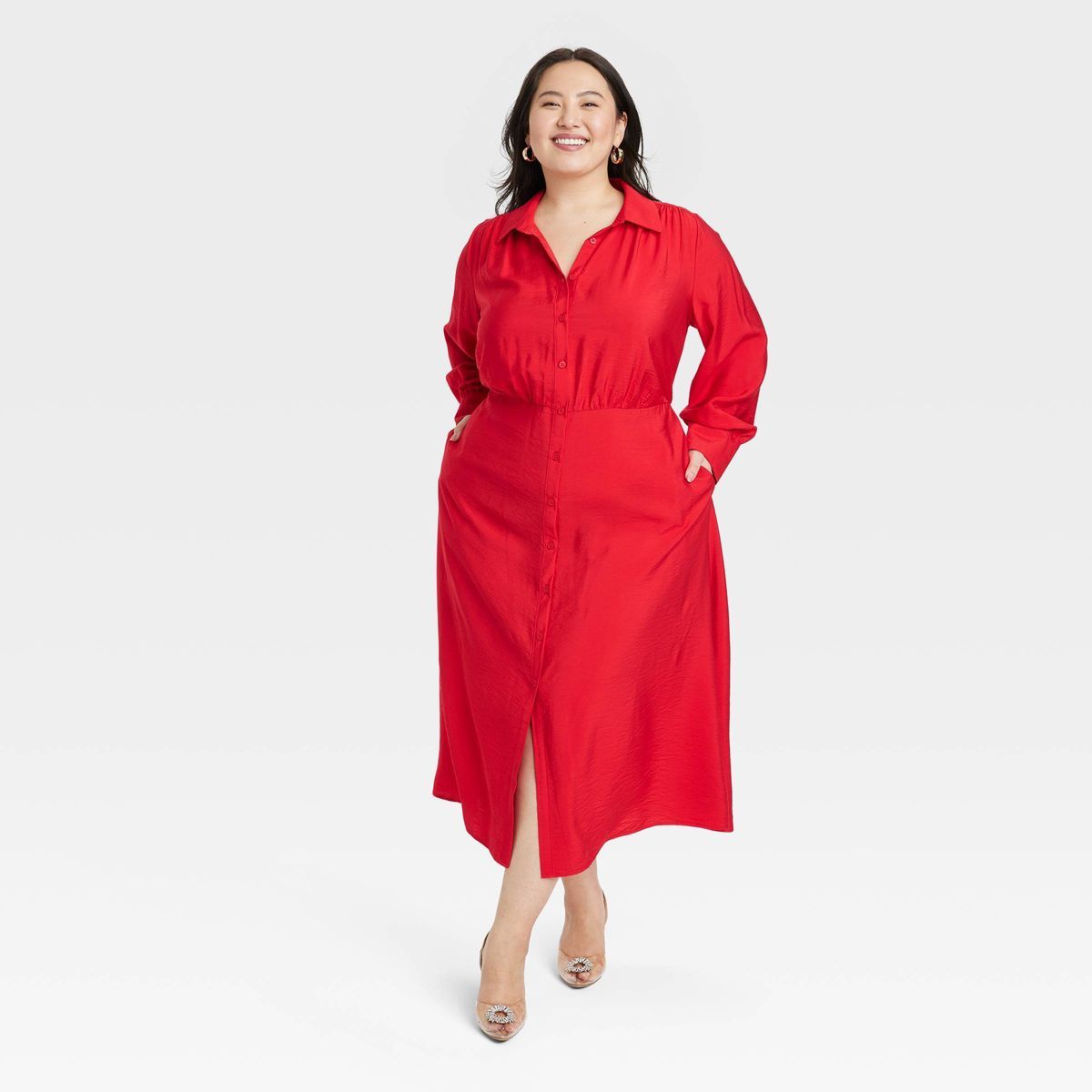 Women's Long Sleeve Collared Midi Crepe Shirtdress - A New Day™ Red 4X | Target