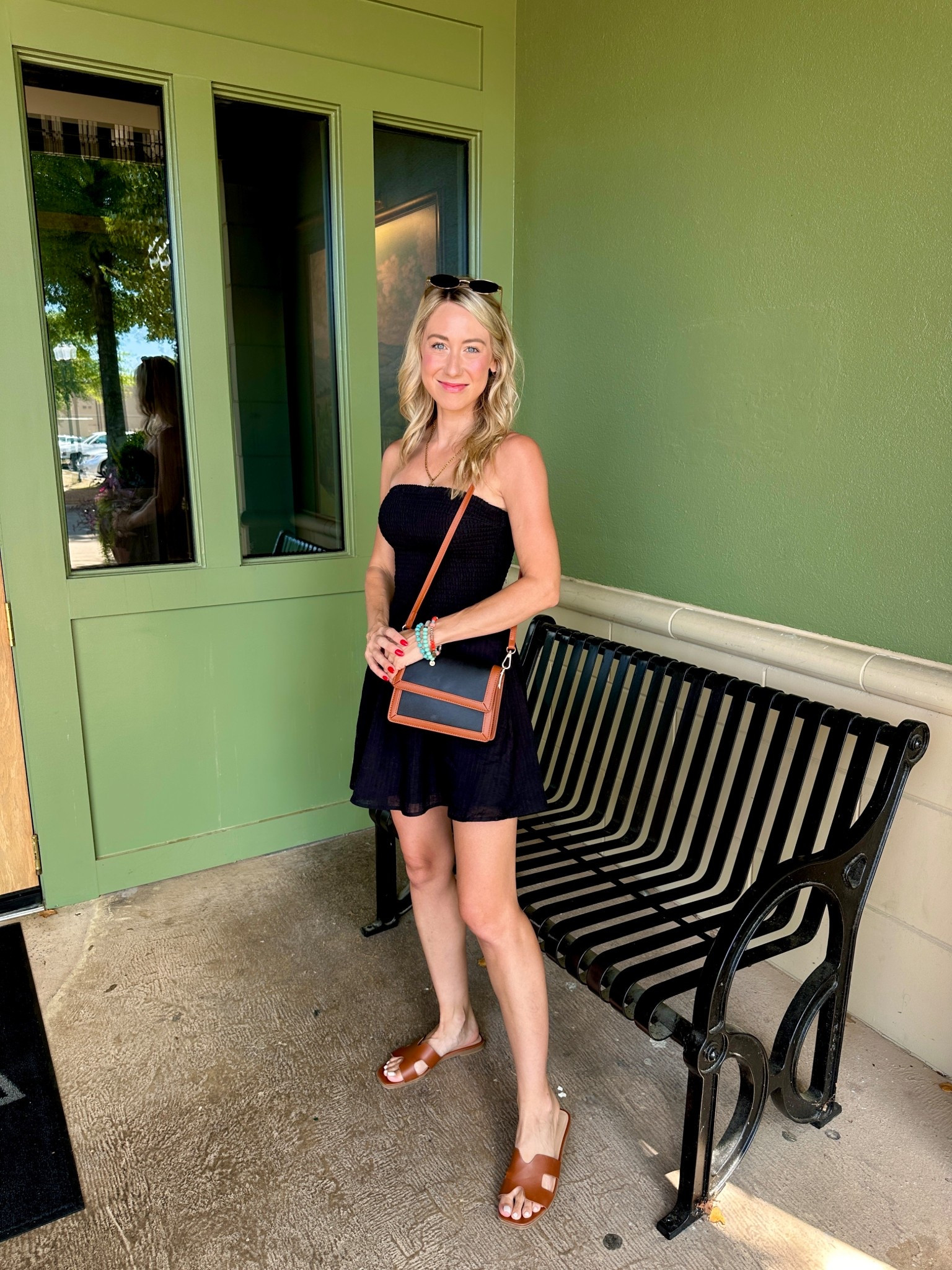 I got my normal size in the shoes and dress! The dress comes in a lighter option 🤍 I’ve owned the shoes for over a year now and no issues at all after multiple wears and trips. I have them in different colors! #summerdress #straplessdress #slides