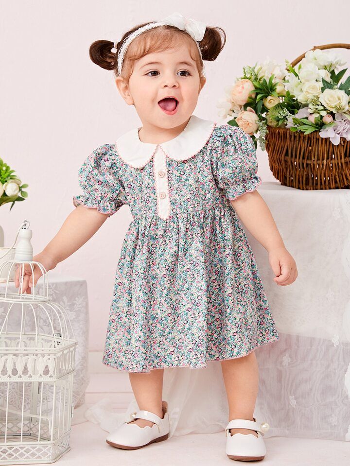 Baby Girl Ditsy Floral Print Peter Pan Collar Puff Sleeve Dress | SHEIN
