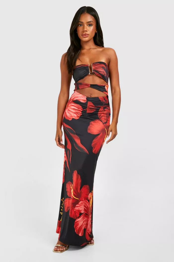 Bandeau Gold Trim Cut Out Printed Maxi Dress | boohoo (US & Canada)
