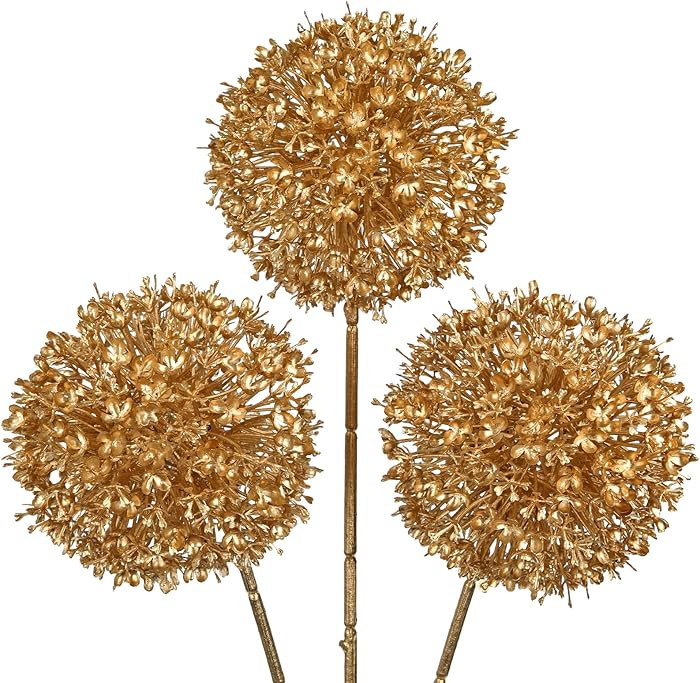 Hollyone 3Pcs Gold Artificial Ball Hydrangea Flowers Fake Silk Hydrangea Ball Flower Floral Arran... | Amazon (US)