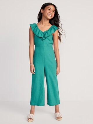 Sleeveless Ruffle-Trim Linen-Blend Jumpsuit for Girls | Old Navy (US)