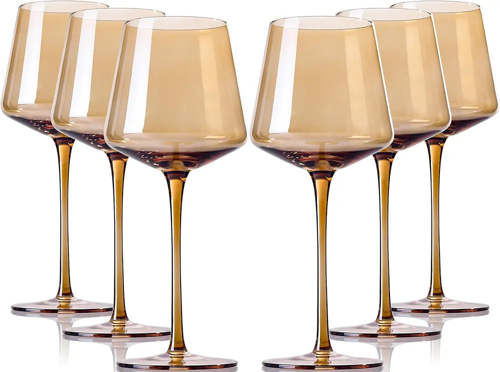 Juego de 6 copas de vino de color ámbar, copas de vino de cristal coloridas con tallo largo y bo... | Amazon (US)