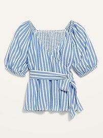 Puff-Sleeve Smocked Striped Wrap-Effect Blouse for Women | Old Navy (US)