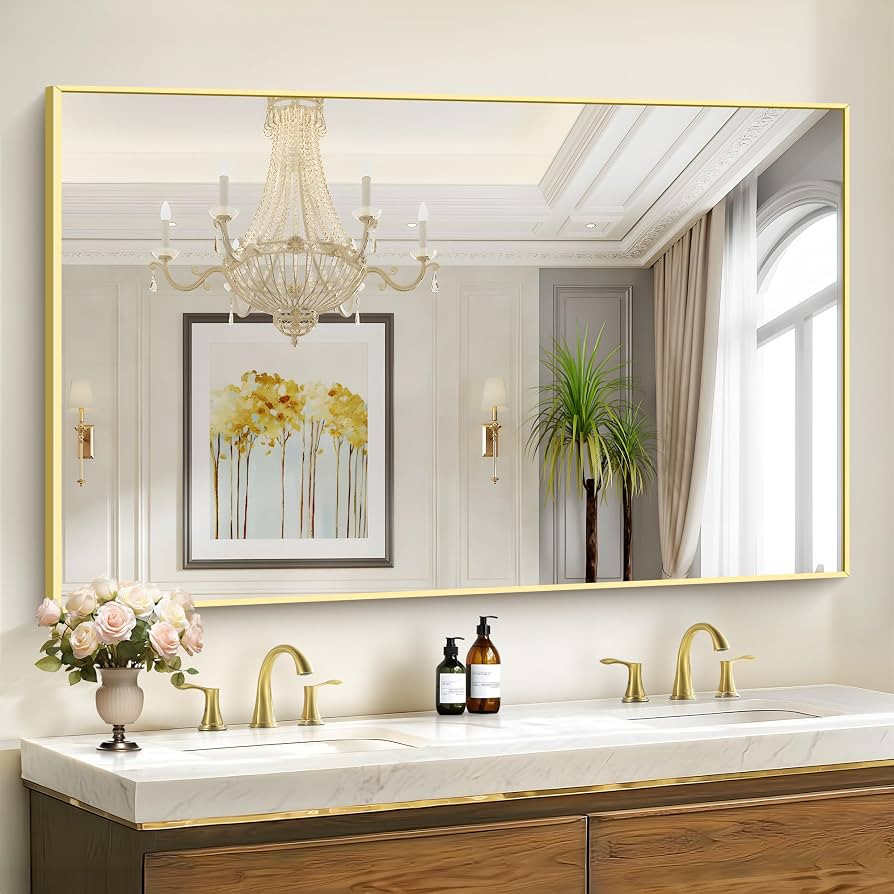 36x55inch Bathroom Mirror, Gold Rectangle Mirror with Thin Metal Frame, Large Rectangular Wall Mi... | Amazon (US)