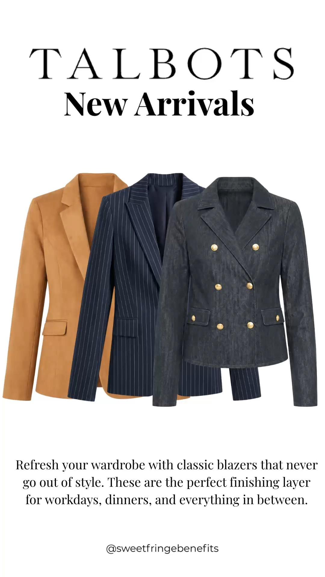A classic blazer is one of the hardest-working pieces in your wardrobe. These new Talbots styles are polished, timeless, and easy to dress up for work or pair with jeans on the weekend.

💡 LTK MADE EASY
❤️ Heart = Support my posts!
🔖 Save = Get sale & restock alerts
📋 Lists = Keep favorites organized
📲 Share = Send lists and products to a friend. Hello, Christmas List!
💬 Comment = Ask me anything about what I'm wearing.:-)

#LTKSeasonal #LTKOver40 #LTKWorkwear