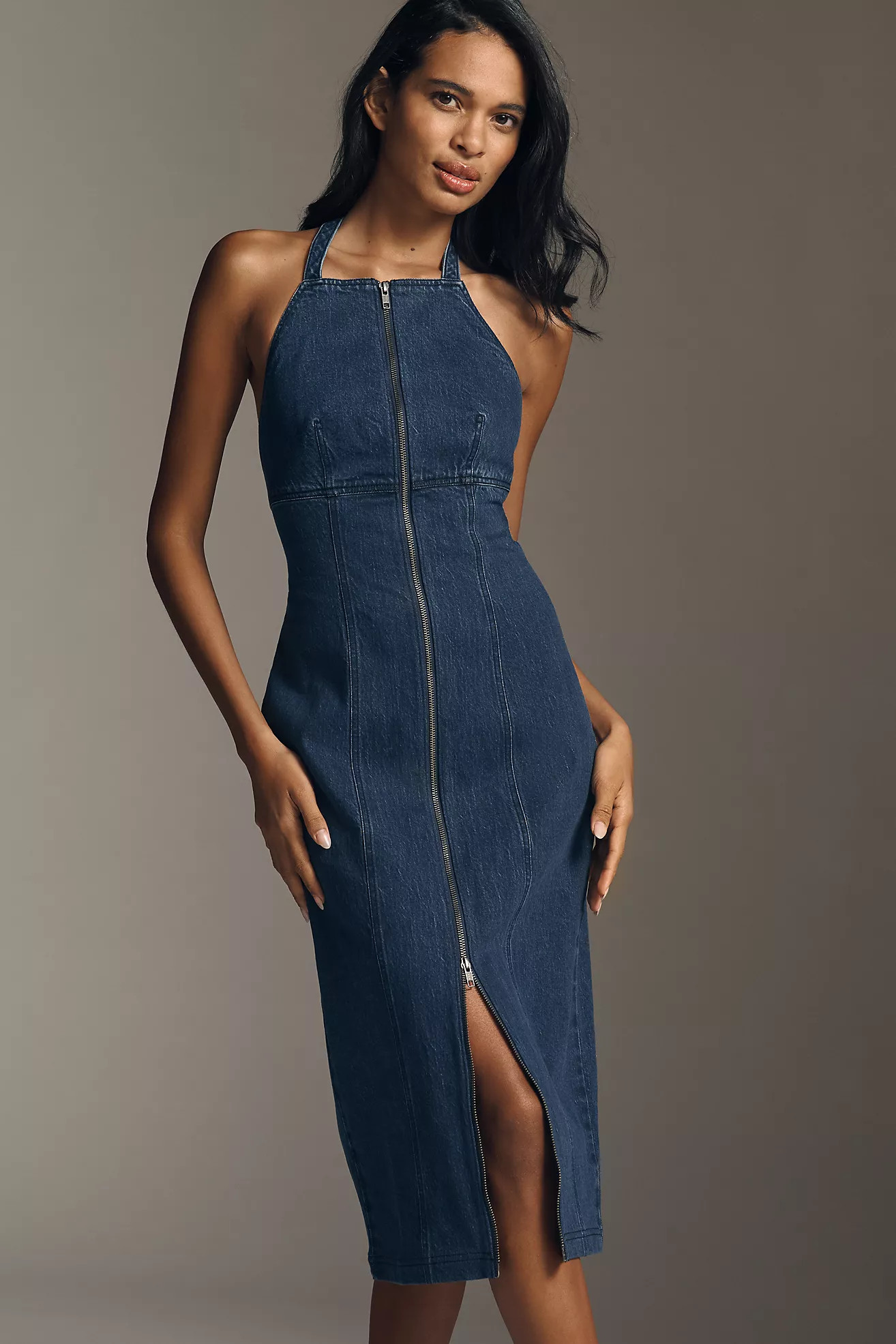Pilcro Zip-Front Denim Halter Midi Dress | Anthropologie (US)