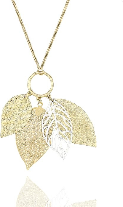 POMINA Gold Silver Two Tone Filigree Fall Leaf Pendant Long Necklace Chic Sweater Chain Statement... | Amazon (US)