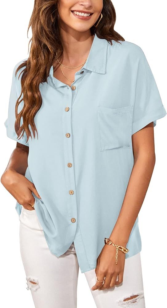 PYGFEMR Womens Button Down Shirt Short Sleeve V Neck Casual Loose Blouses Tops | Amazon (US)