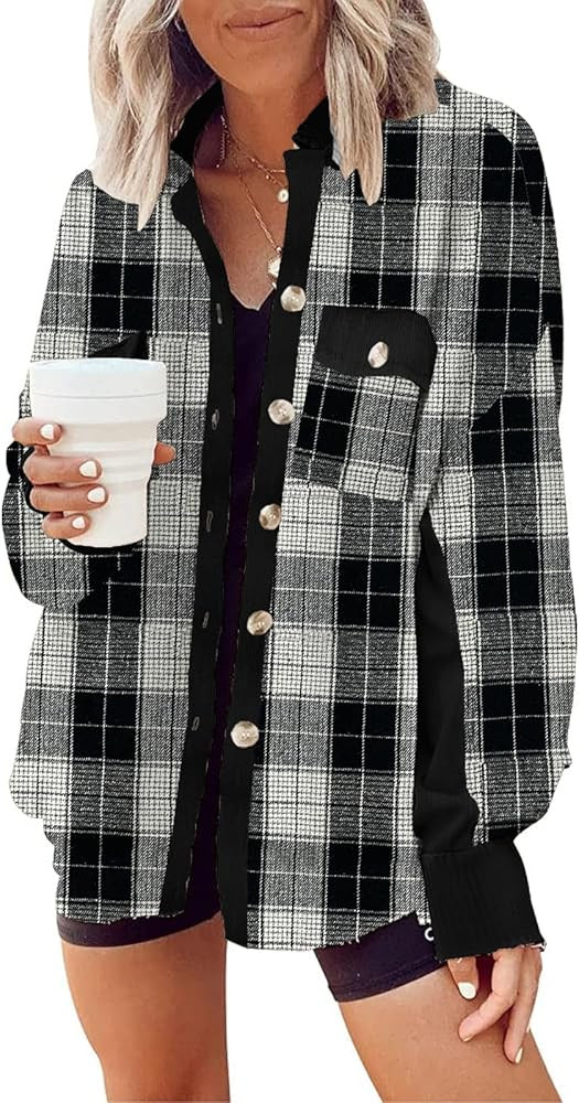 Womens Corduroy Button Down Shirts Color Block Long Sleeve Blouses Tops Jackets | Amazon (US)