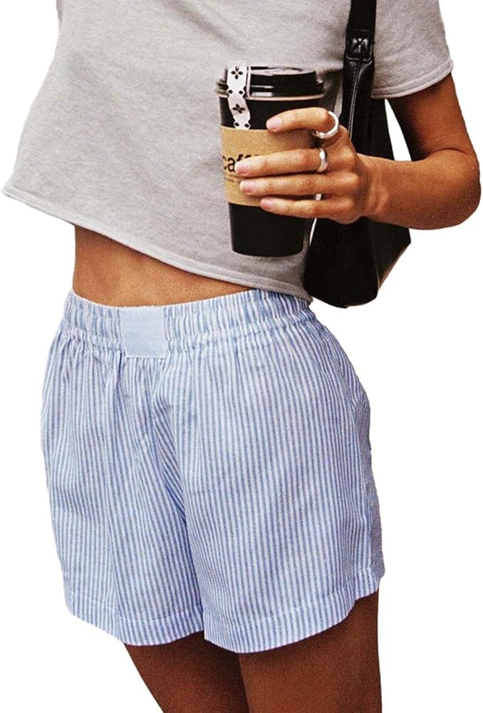Women Cute Stripe Boxer Shorts Low Rise Elastic Waist Lounge Shorts Pj Sleep Shorts Summer Street... | Amazon (US)