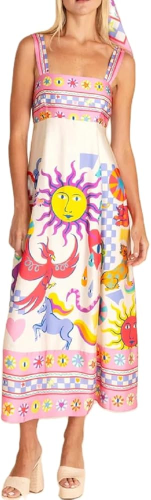 Women Boho Graphic Print Maxi Cami Dress Spaghetti Strap Tropical Long Dress Flowy Summer Vacatio... | Amazon (US)