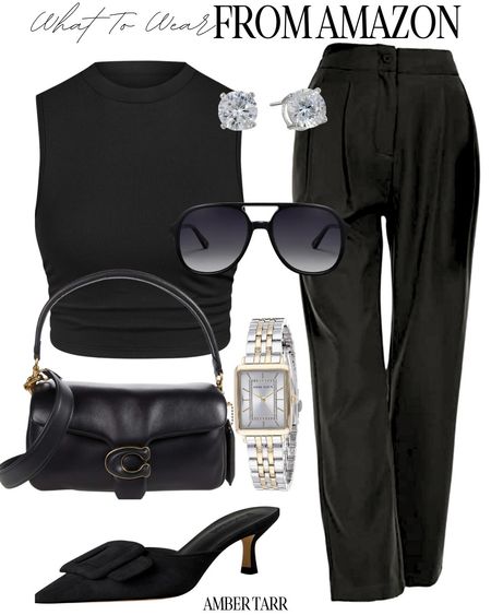 All black everyday chic stylish look. Black trousers, black tank, black coach hand bag, gold and silver accessories, diamond studs and black aviators. 

#LTKfindsunder100 #LTKshoecrush #LTKitbag