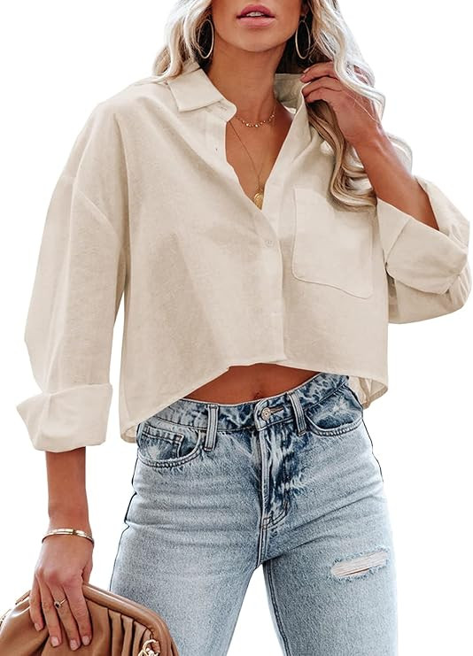Tankaneo Womens Button Down Cropped Shirts Long Sleeve Casual Crop Tops Solid Lapel Blouse Shirt ... | Amazon (US)