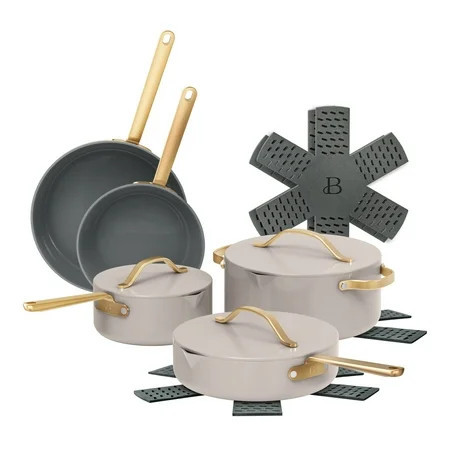 Beautiful 12-Piece Ceramic Nonstick Cookware Set, Pots and Pans with Strainer Lids, Porcini Taupe by Drew Barrymore | Walmart (US)