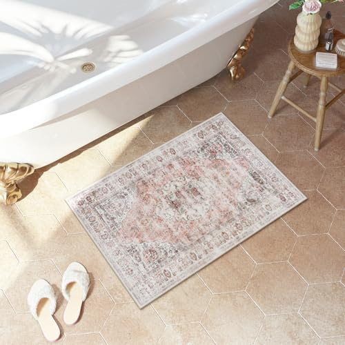 Uphome Boho Bathroom Rugs, Distressed Farmhouse Blush Pink Bath Mat, Comfy Velvet Small Bath Rugs Non Slip Washable, Vintage Oriental Toilet Rug for Sink Shower Vanity, 18x26 inch | Amazon (US)