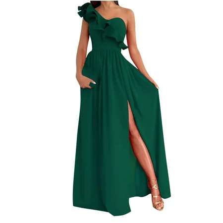Zodggu Split Hem Pleated Swing Long Dresses for Women Womens Skinny Slim Summer Sexy Solid Color Ruf | Walmart (US)