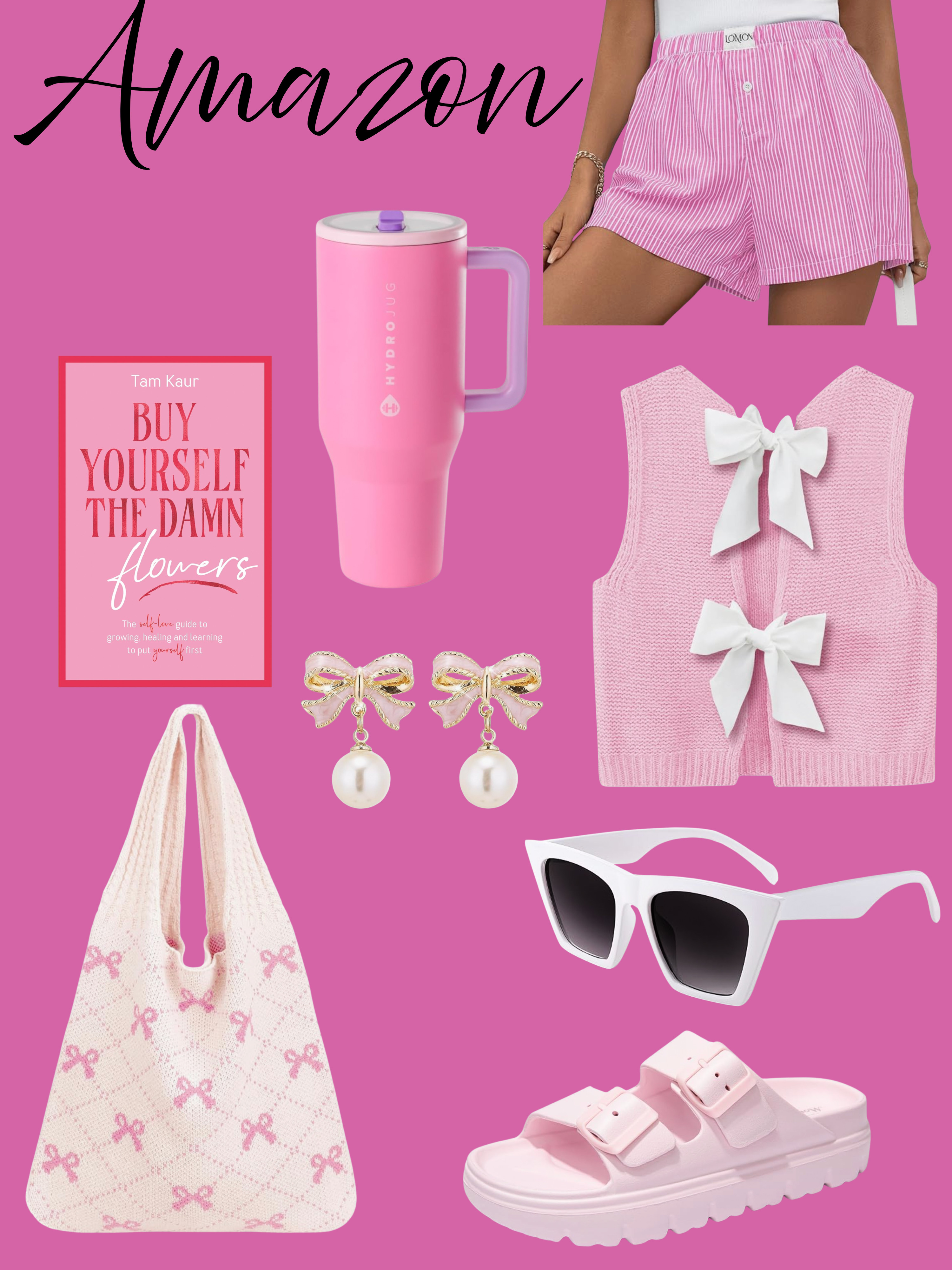Spring is in full bloom and so are the pink vibes 🌸💖
This Amazon roundup is giving main character energy and solo girl things only 💅 Whether you’re headed to a casual brunch, journaling in the park, or just out romanticizing your errands, these spring finds are total must-haves!

🛍️ Amazon Finds Includes:
💗 Pink striped boxer shorts – cozy, comfy & cute for lounging or layering
🎀 Knit pink vest with bow back – the ultimate feminine touch for your spring wardrobe
🩷 Pink HydroJug – hydration but make it hot girl
💌 "Buy Yourself the Damn Flowers" by Tam Kaur – your self-love must-read
🎀 Pearl bow drop earrings – delicate and perfect for everyday glam
🧺 Knitted pink bow tote bag – the kind of bag Elle Woods would approve
🕶️ Oversized white cat-eye sunglasses – stylish protection with attitude
👡 Light pink double buckle sandals – comfy-chic slides for errands, walks, or vacay vibes Amazon finds, spring fashion, pink aesthetic, solo girl things, pink outfit inspo, self-care finds, girly Amazon must-haves, feminine style, pink essentials, spring outfit ideas, casual cute style, brunch outfit, Amazon pink haul, soft girl spring 

 #LTKFestival #LTKSeasonal #LTKFindsUnder50