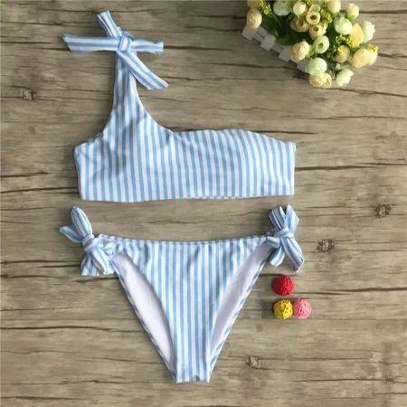 Puloru Women' s Stripe One-Shoulder Bow Tops Two Sides Bow Sexy Swimsuit | Walmart (US)
