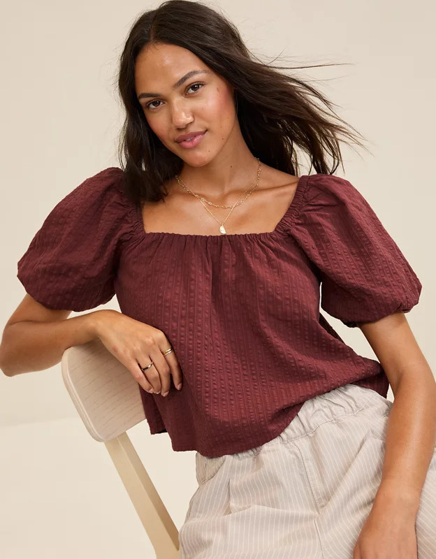 Aerie Seersucker Puff Sleeve Top | American Eagle Outfitters (US & CA)