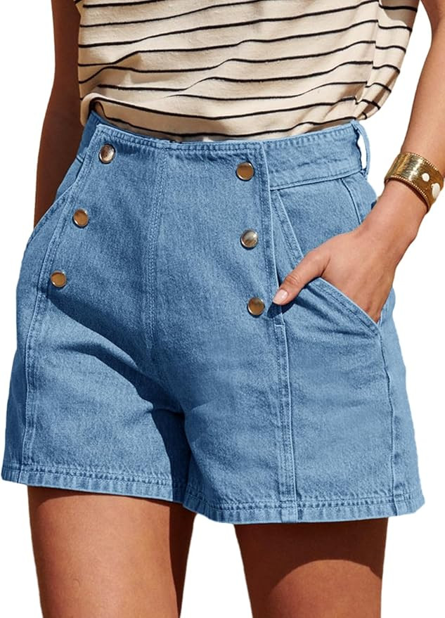 PLNOTME Womens Denim Shorts Mid Rise Casual Summer Loose Vintage Double Breasted Jean Shorts with... | Amazon (US)