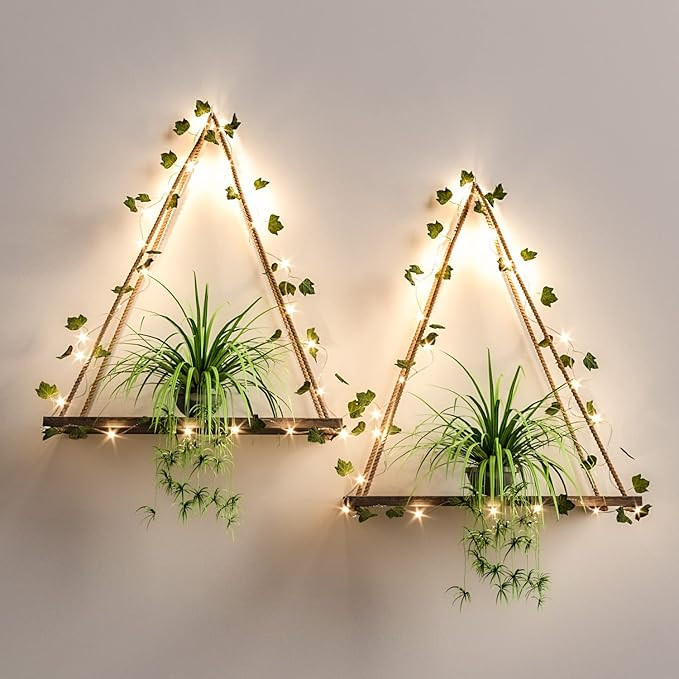 RICHER HOUSE Artificial Ivy LED-Strip Wall Hanging Shelves Set of 2, Macrame Shelf for Bedroom Ba... | Amazon (US)