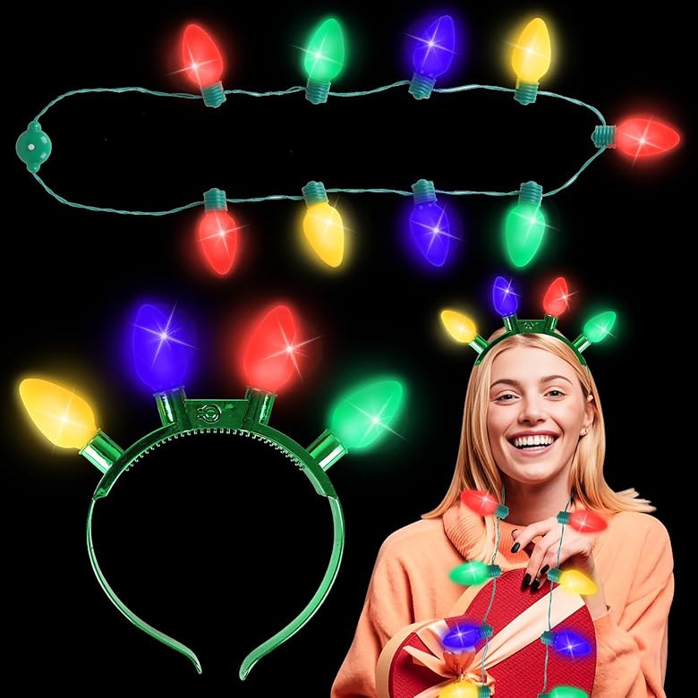 LOKIPA 2PCS Christmas Lights Headband, LED Christmas Light Bulb Headbands Christmas Light Necklac... | Amazon (US)