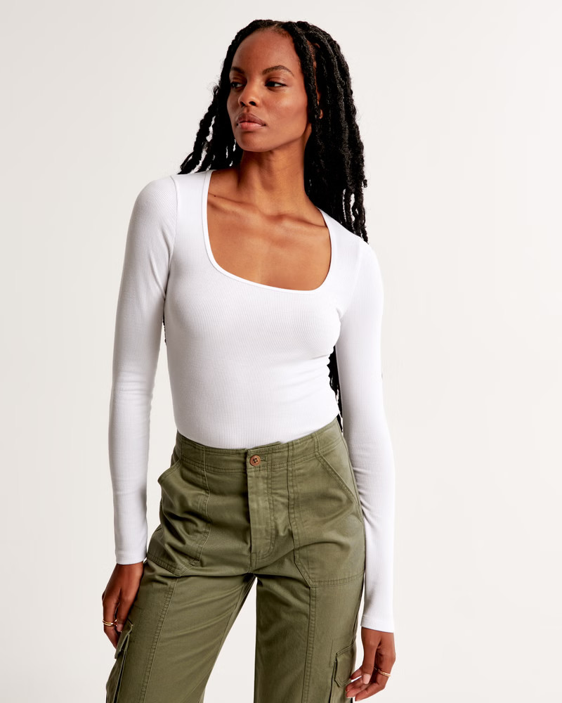 Long-Sleeve Featherweight Rib Tuckable Squareneck Top | Abercrombie & Fitch (US)