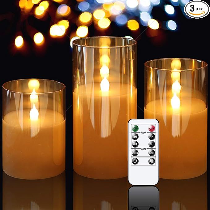 GenSwin Gold Glass Battery Operated Flameless Led Candles with 10-Key Remote and Timer, Real Wax ... | Amazon (US)
